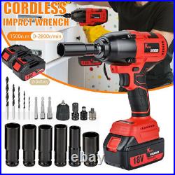 Electric Cordless Impact Wrench Gun 1/2'' Driver 1500Nm with 2 Battery Sockets Set